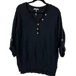 StitchDrop Black Slub Knit 3/4 Roll Tab Sleeve Deep V Neck High Low Tunic Size S